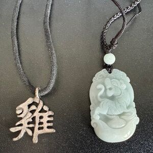 2 small Chinese-theme Pendants; imitation jade carving; calligraphy